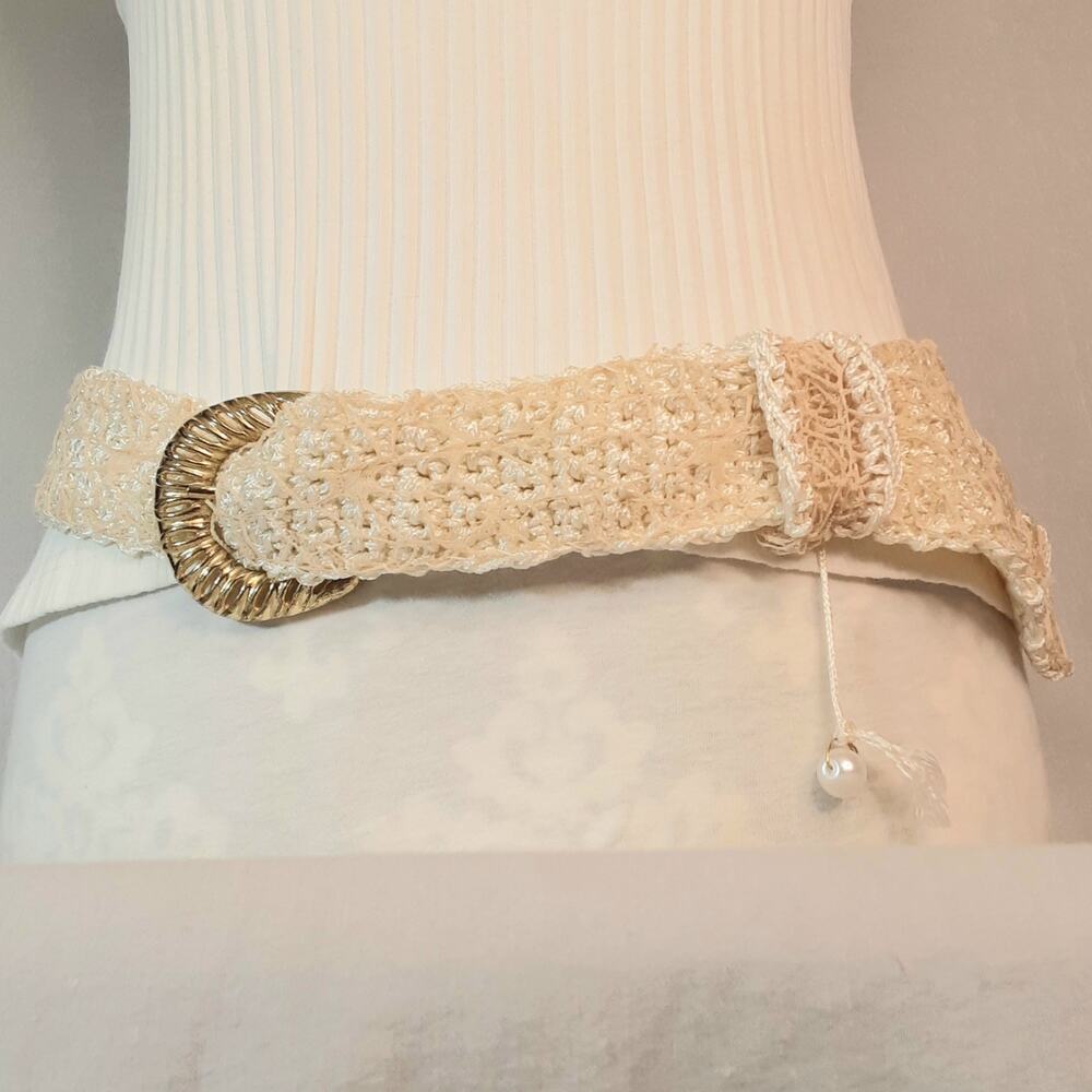 💎Boho Hancrafted Crochet Cream Belt XL Waist Statement Buckle Beige Net Covering